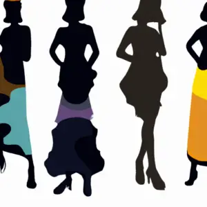 A silhouette of a woman wearing a variety of different fabrics, each section of the silhouette in a different fabric.