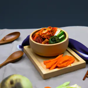 A bowl of kimchi with a spoon, surrounded by colorful vegetables.