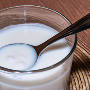 A glass of kefir with a spoon and a close-up of a spoonful of kefir.