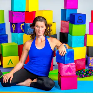 A yogi in a studio surrounded by colorful yoga blocks.