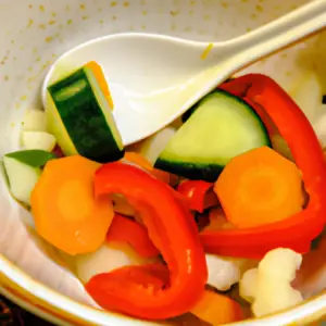 Bowl of colorful vegetables with a spoon.