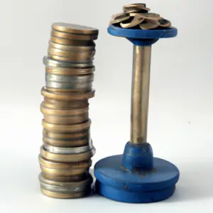 A stack of weights with coins on top.