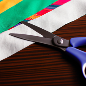 A pair of scissors cutting a colorful piece of fabric.