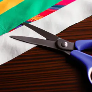 A pair of scissors cutting a colorful piece of fabric.