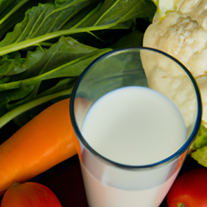 A glass of milk surrounded by vegetables.