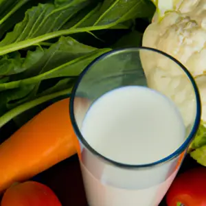 A glass of milk surrounded by vegetables.