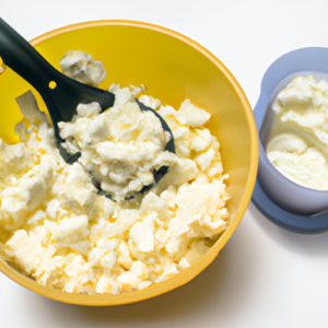 A bowl of dairy products (yogurt, cheese, milk) with a measuring spoon.