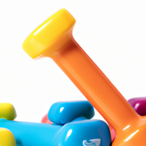 A stack of brightly colored dumbbells on a white background.
