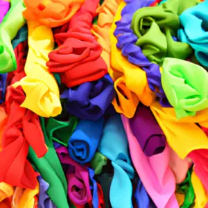 A pile of brightly-colored fabric scraps arranged in the shape of a flower.