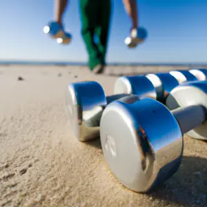 A person jogging on a beach with a set of dumbbells in the foreground.