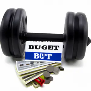 A stack of weights and gym equipment on a budget-friendly price tag.