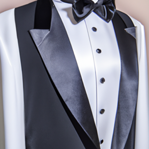 Black-and-white tuxedo jacket and bow tie against a neutral-colored background.