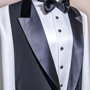 Black-and-white tuxedo jacket and bow tie against a neutral-colored background.