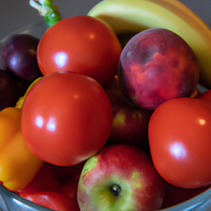 A close-up of a bowl of fresh fruits and vegetables.