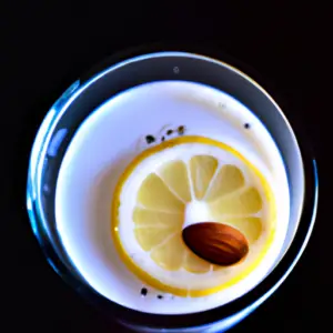 A glass of almond milk with a slice of lemon floating on top.