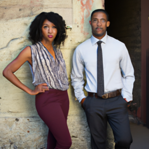 A man and a woman standing side-by-side wearing smart casual attire.
