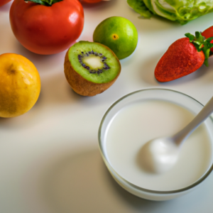 A bowl of yogurt with a spoon, alongside a glass of milk, surrounded by fresh fruits and vegetables.